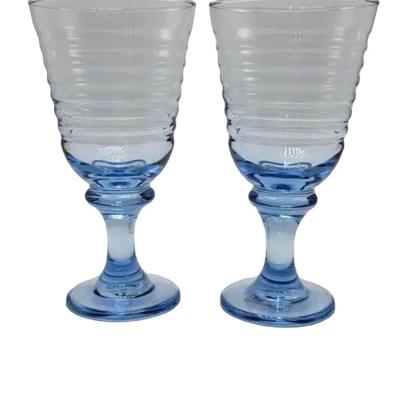 Set of 2 Libbey Sirrus Vintage Blue Glass Ribbed 7" Wine Water Goblets - Picture 3 of 3